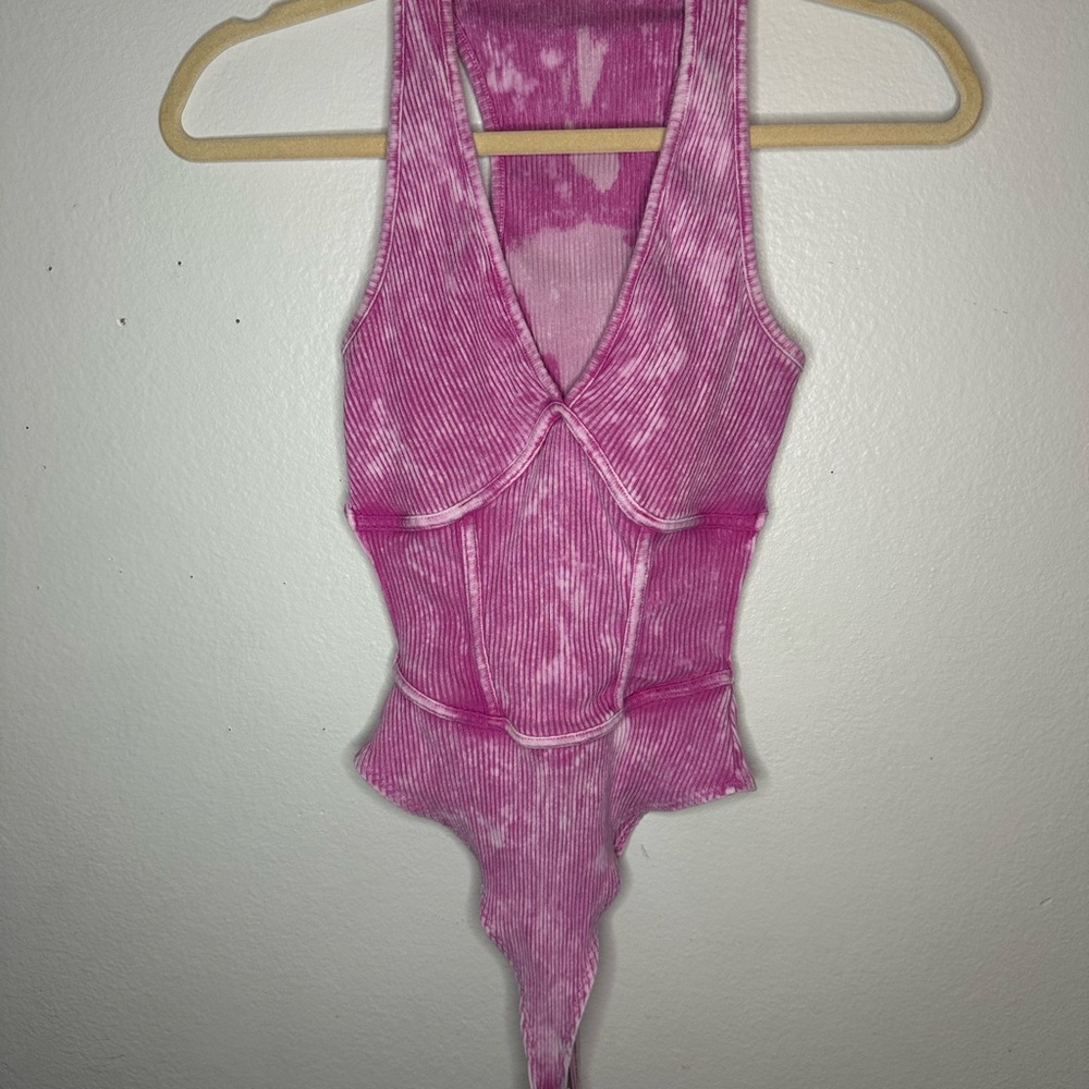 Fashion Nova Pink Tie-Dye Ribbed One-Piece Bodysuit for Women